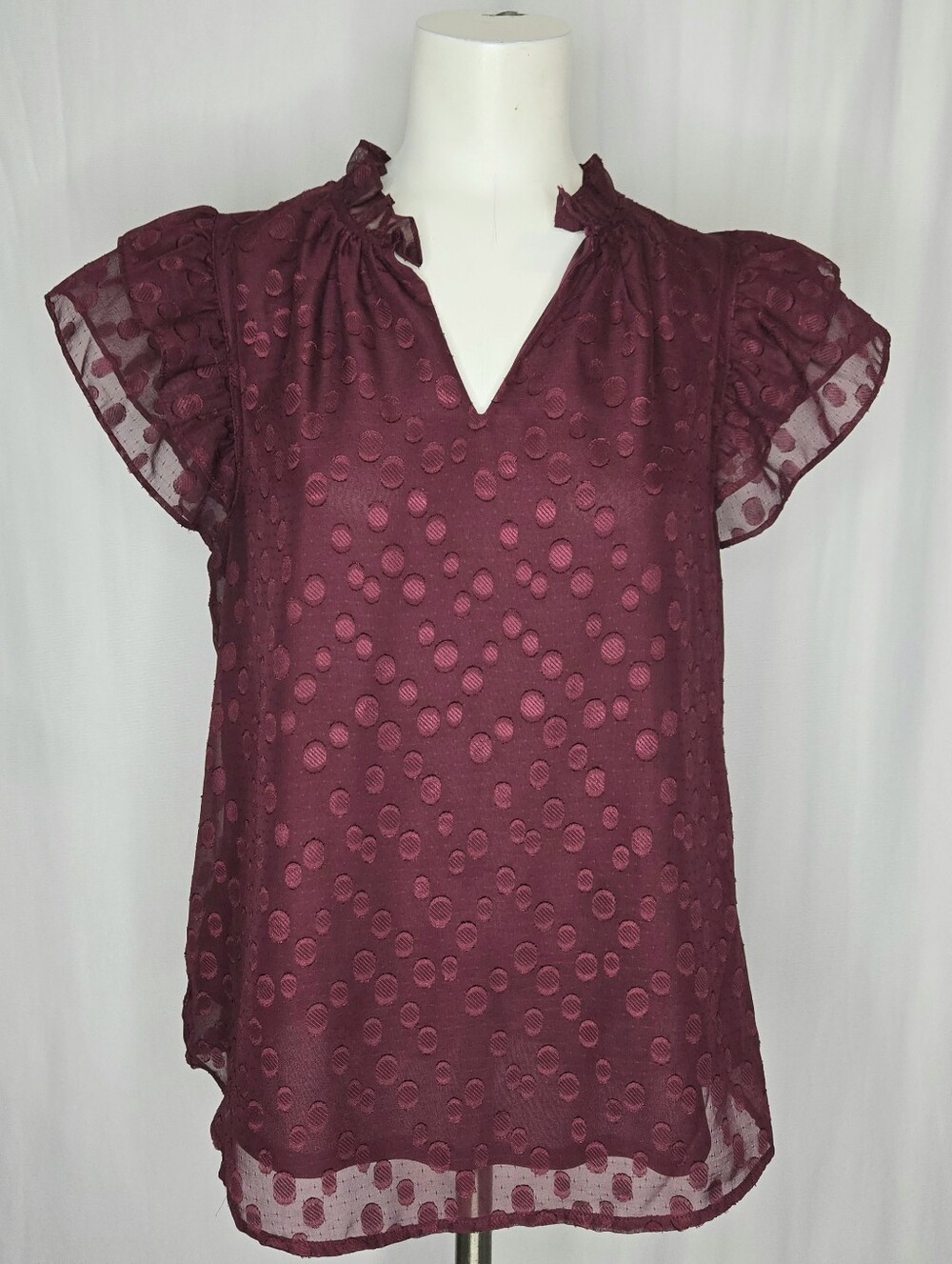 Anne Klein Burgundy‎ Double Flutter Sleeve Clip Dot Blouse Size M NWOT